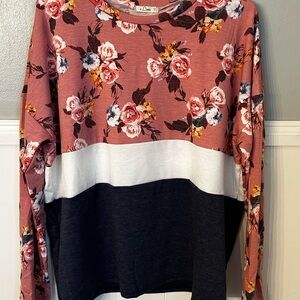 Floral Long Sleeve Top with Color Block Design